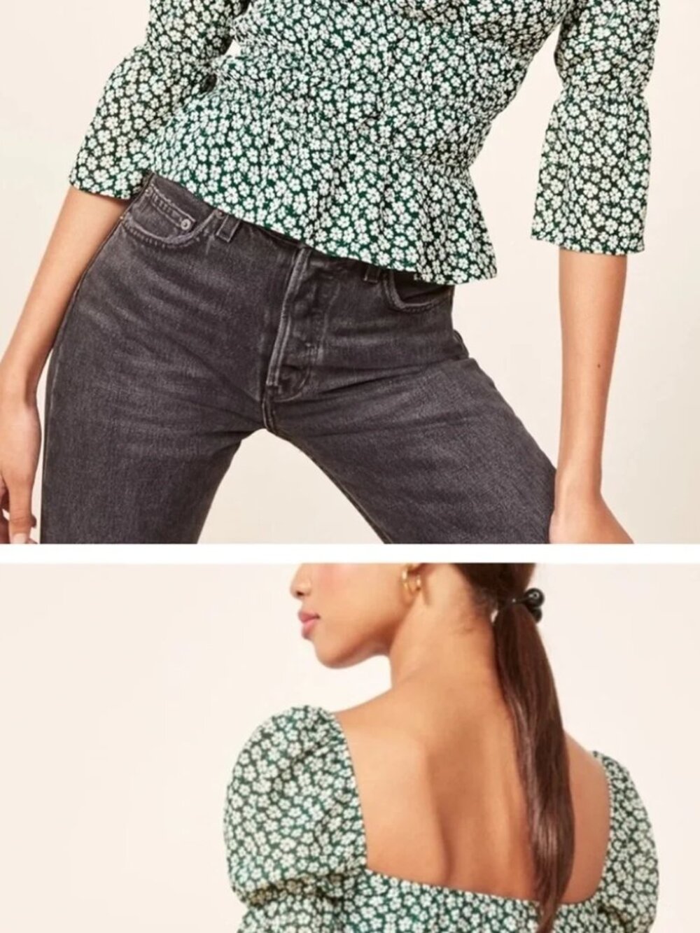 Reformation Ayla Green Daisy Floral Smocked Bishop Sleeve Peplum Top Size S